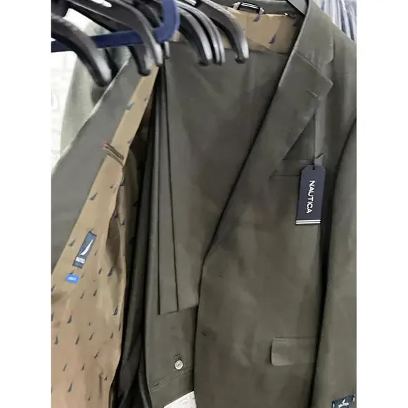 Nautica Mens Modern fit 2 Piece Suit 42 L / 36 Waist Olive Green Solid Stretch